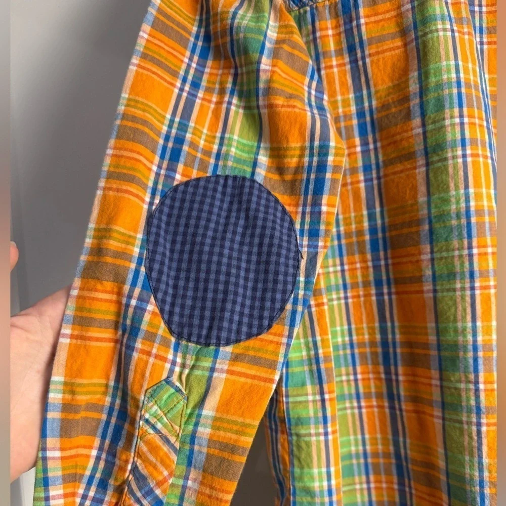 Beverly Hills Polo Club Orange Blue plaid Button Down Shirt elbow patches